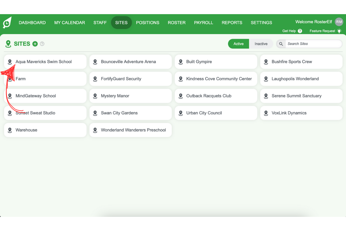Screenshot showing how to open site settings by clicking on the site name