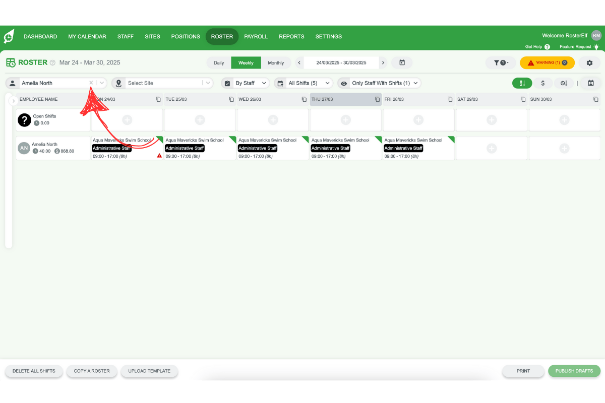 Close or clear filter button next to staff member’s name in the dropdown