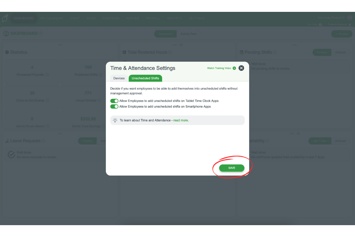 Save button in the Time & Attendance settings pop-up