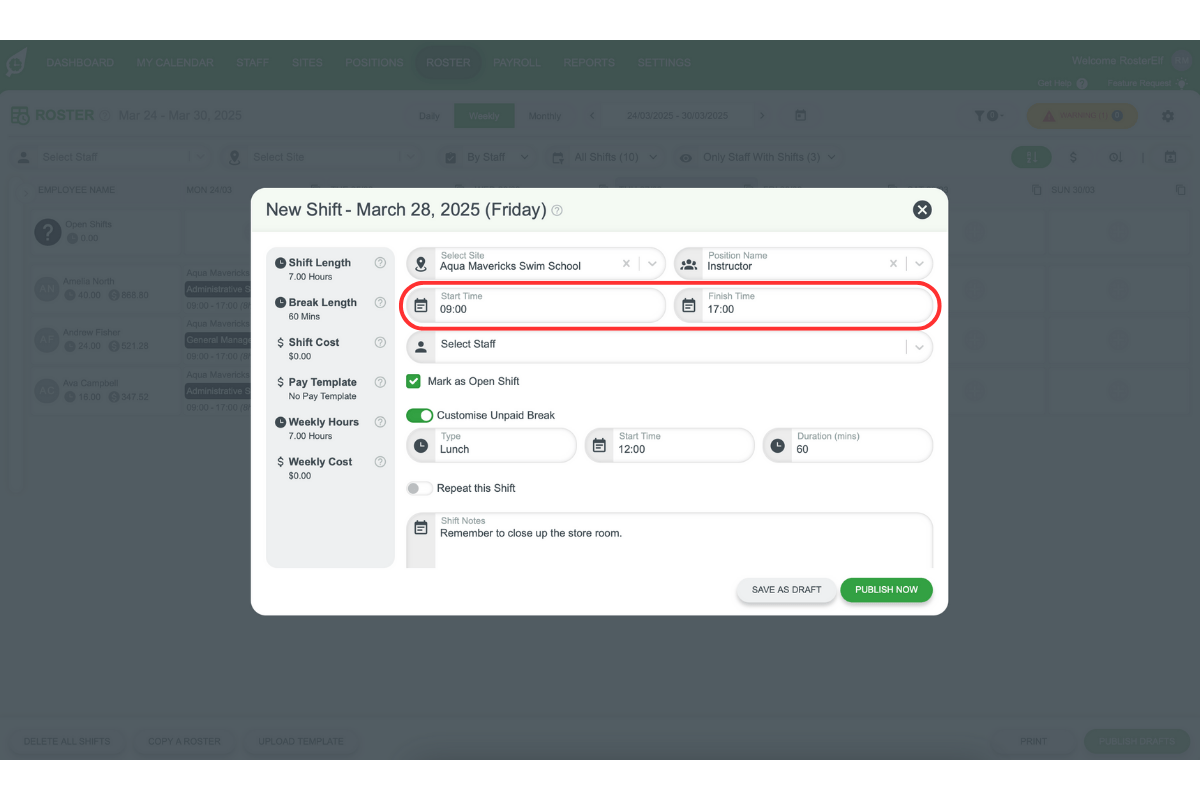 Start and end time fields for open shift