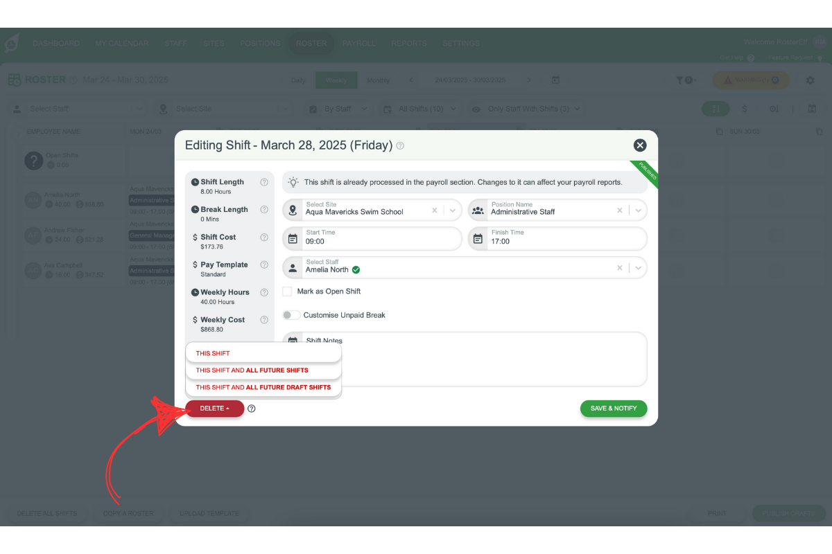RosterElf - Update Shift modal with Delete option
