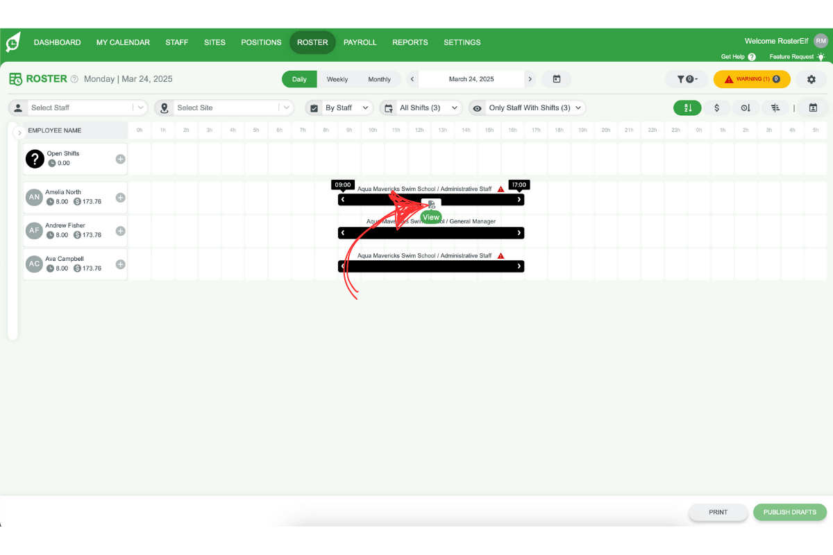 RosterElf - Daily view shift with View button