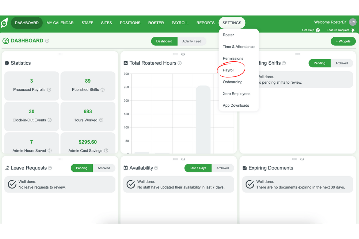 RosterElf payroll option in settings