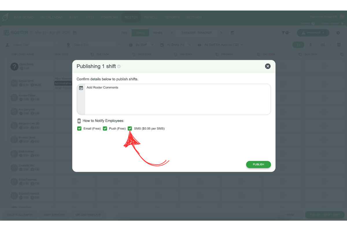 Screenshot showing SMS notification checkbox in RosterElf