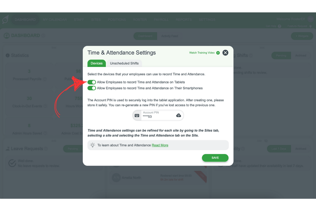 Screenshot of the Time & Attendance global clock-in toggles