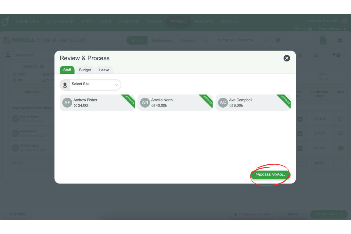 Screenshot of the Process Payroll button