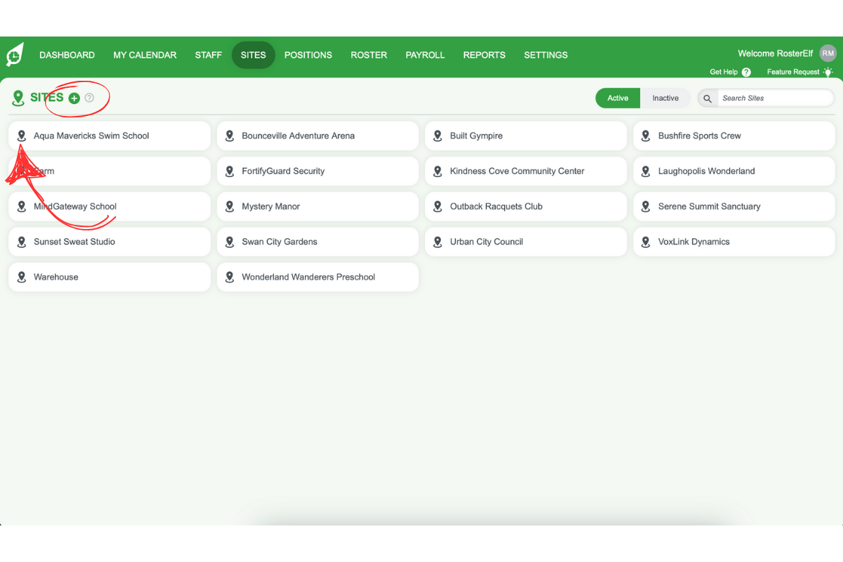 Screenshot indicating how to select or add a new site