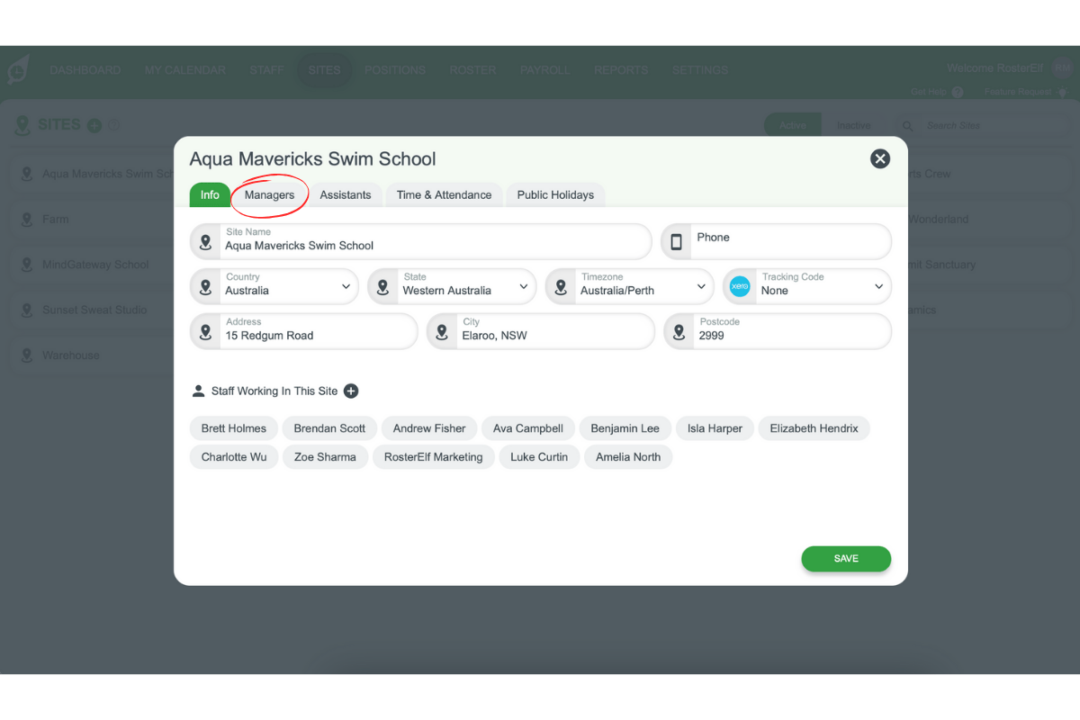 Screenshot showing the Managers and Assistants tabs in a site's settings