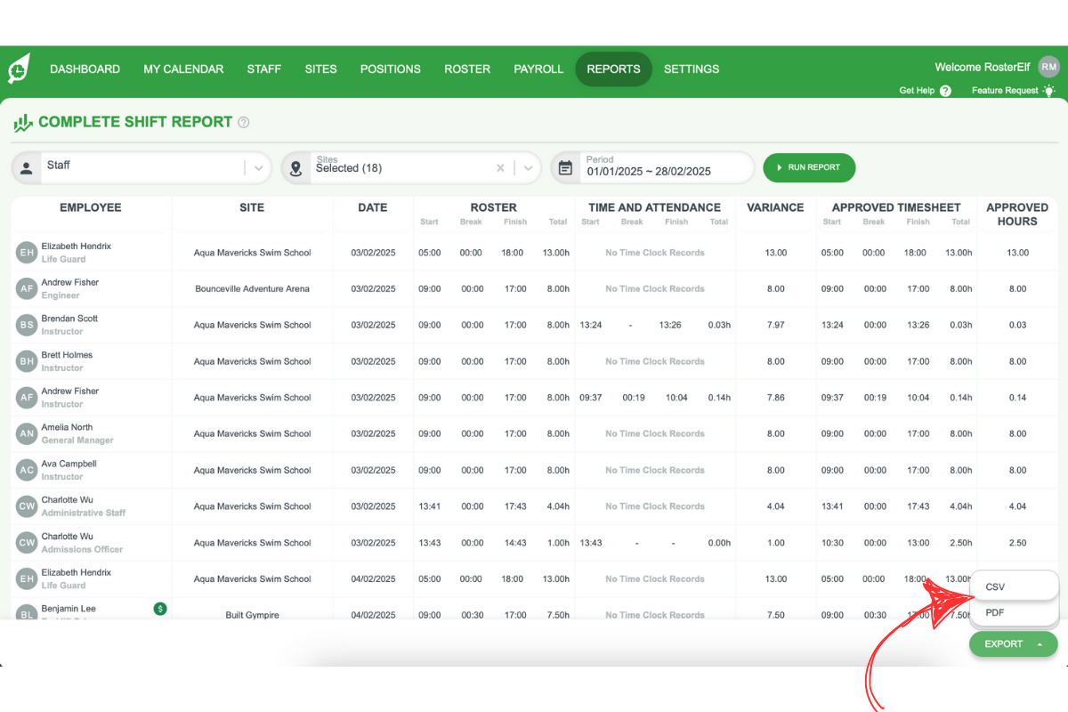 Screenshot showing the Export button with CSV and PDF options