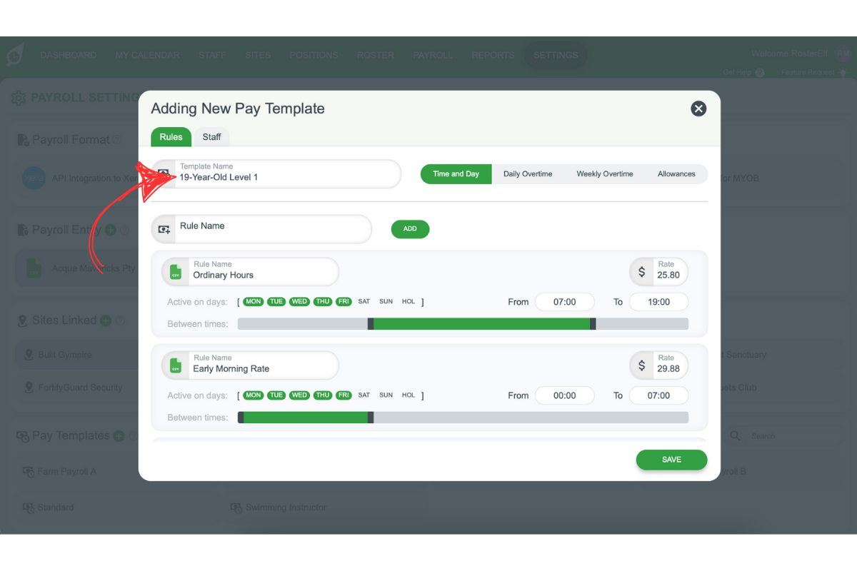 Screenshot where you can name the pay template