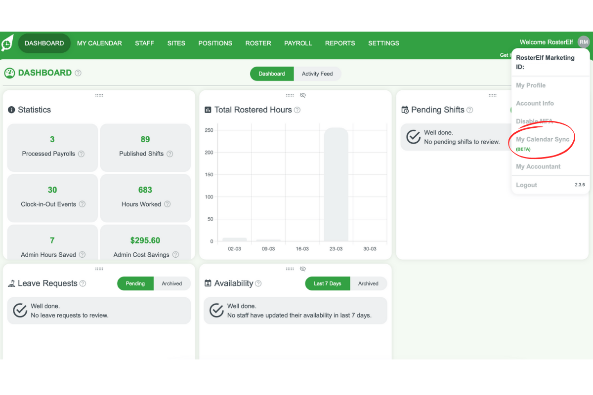 Screenshot showing the My Calendar Sync option in the user profile menu