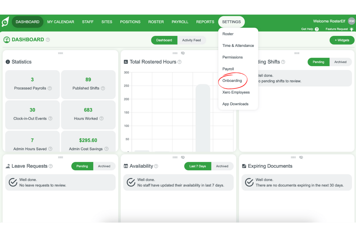 Screenshot showing the Onboarding option in the Settings dropdown