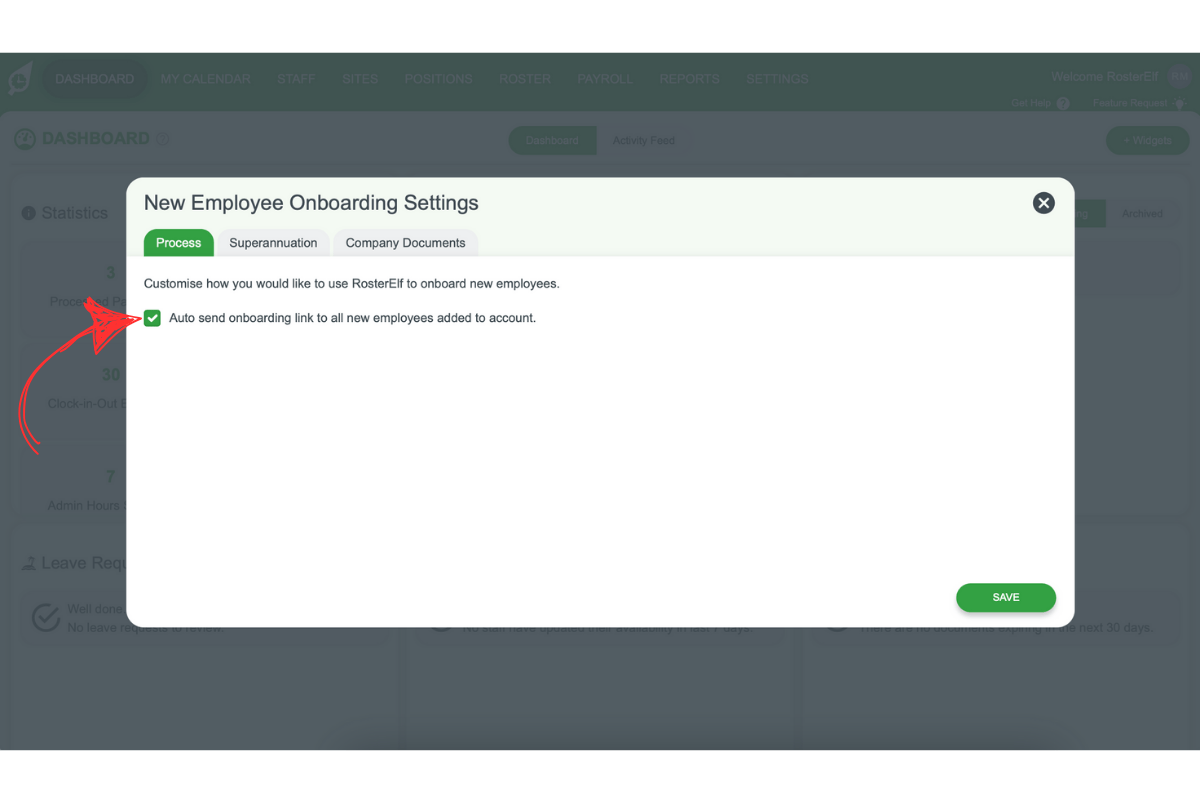 Screenshot of the 'Auto send onboarding link' checkbox in onboarding settings