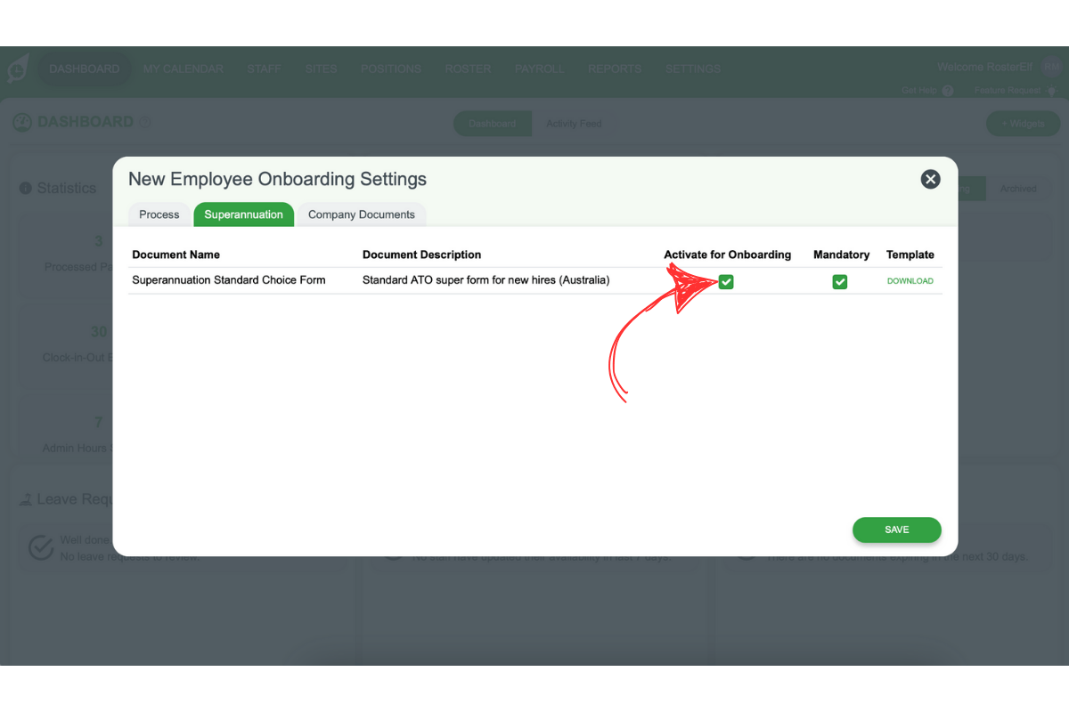 Screenshot showing the 'Activate for Onboarding' toggle for superannuation