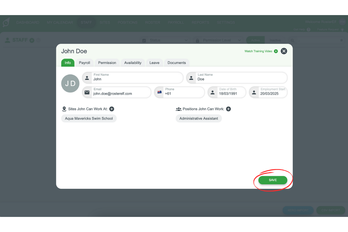 Screenshot illustrating the Info tab fields for entering basic employee data