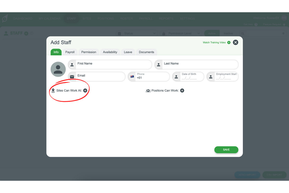 Screenshot highlighting the plus symbol for adding sites in the employee's Info tab