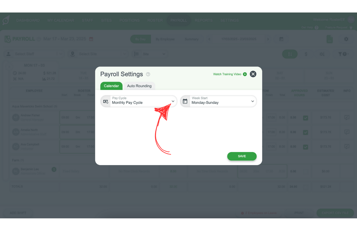 Screenshot indicating the Pay Cycle option in the calendar settings