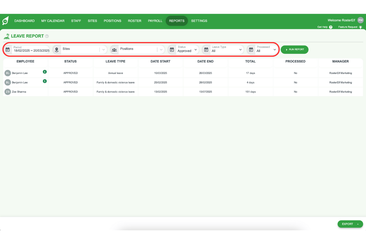 Screenshot showing filter settings available for customizing the Leave Report