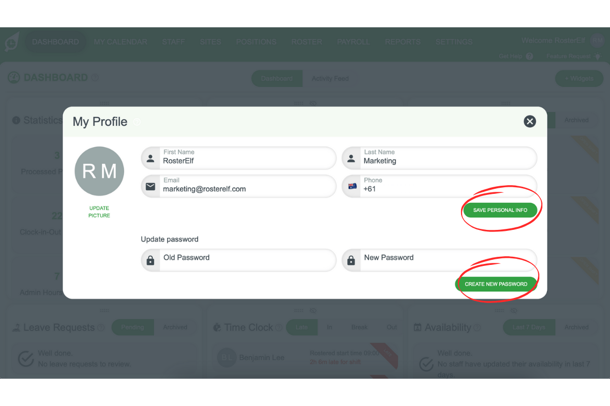 Screenshot highlighting the 'Save/Create New Password' button