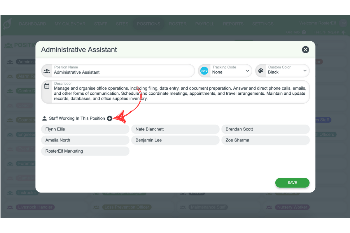 Screenshot highlighting the 'Staff Working in this Position (+)' option