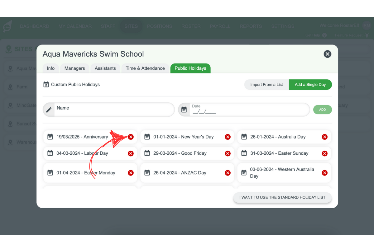Screenshot indicating the Remove button located beside the listed holiday