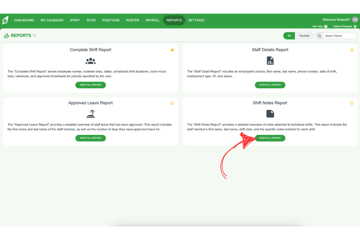 Screenshot highlighting the Shift Notes Report option