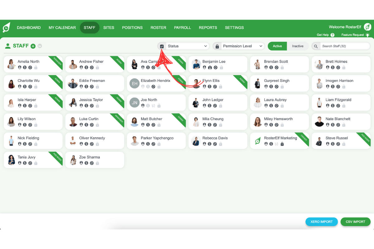 RosterElf status filters overview