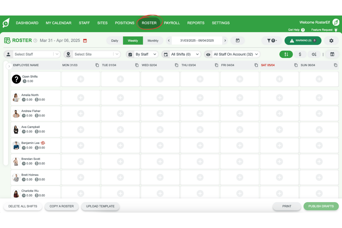RosterElf - Roster tab in top navigation