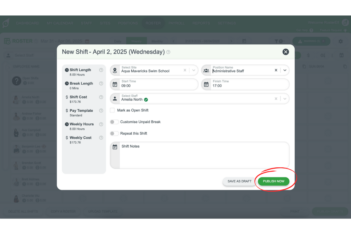 Shift creation interface in RosterElf
