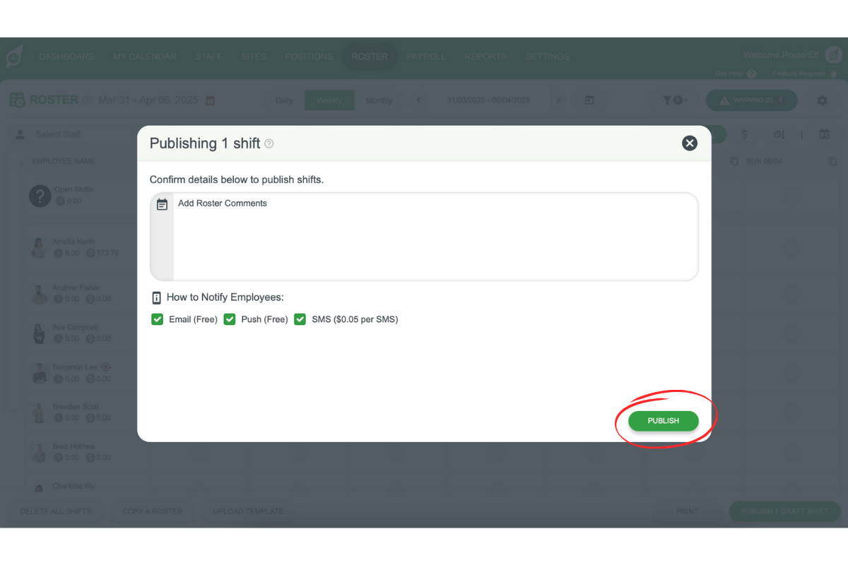 Publishing roster with notifications in RosterElf