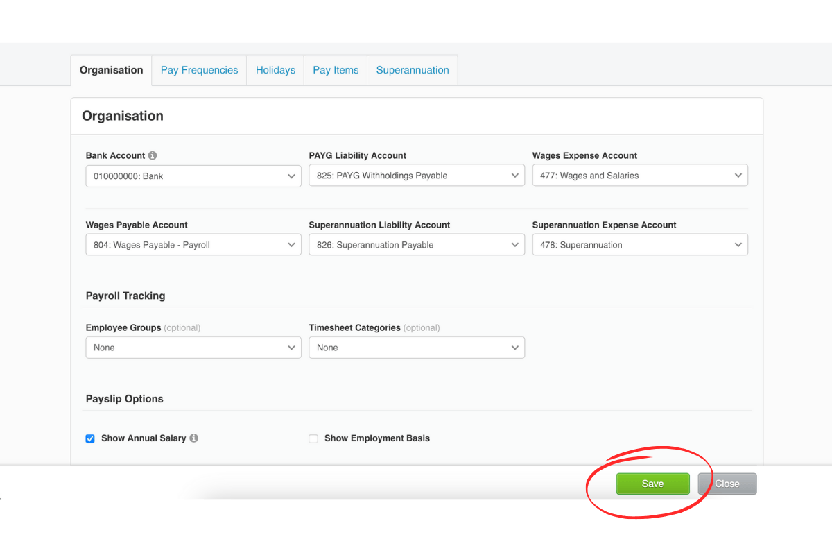 Xero payroll settings save button