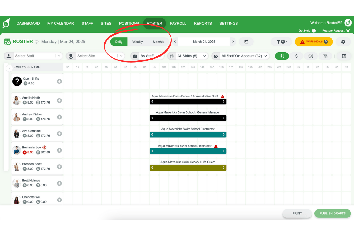 RosterElf daily, weekly, and monthly period selector