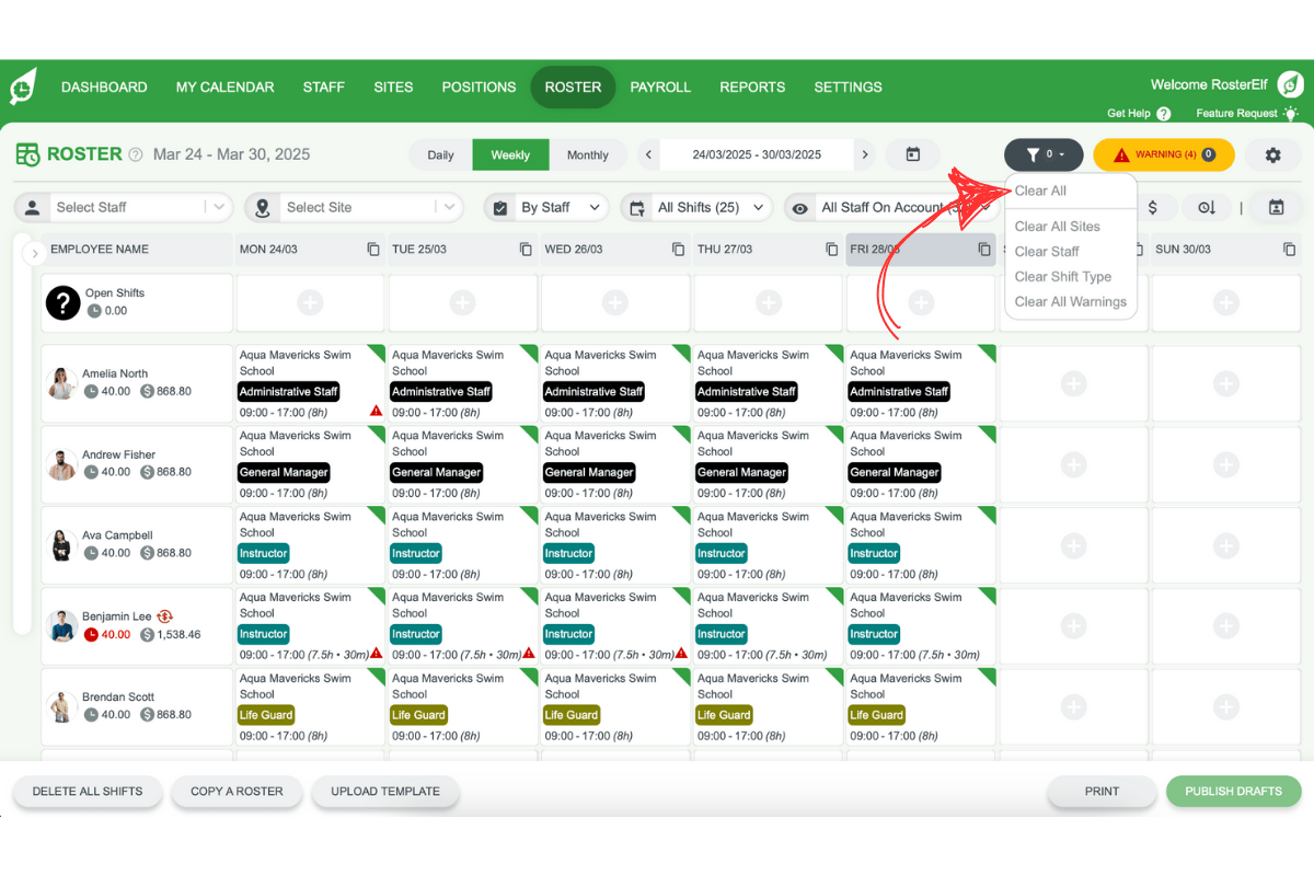 Resetting site filter in RosterElf
