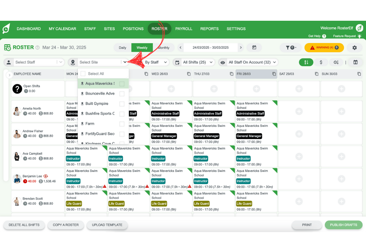 Site selector in RosterElf