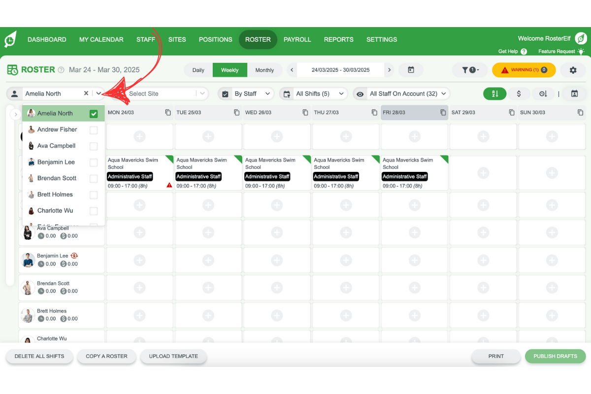 Filtering roster by a specific staff member