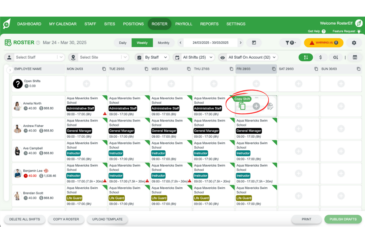 Copy shift option in RosterElf