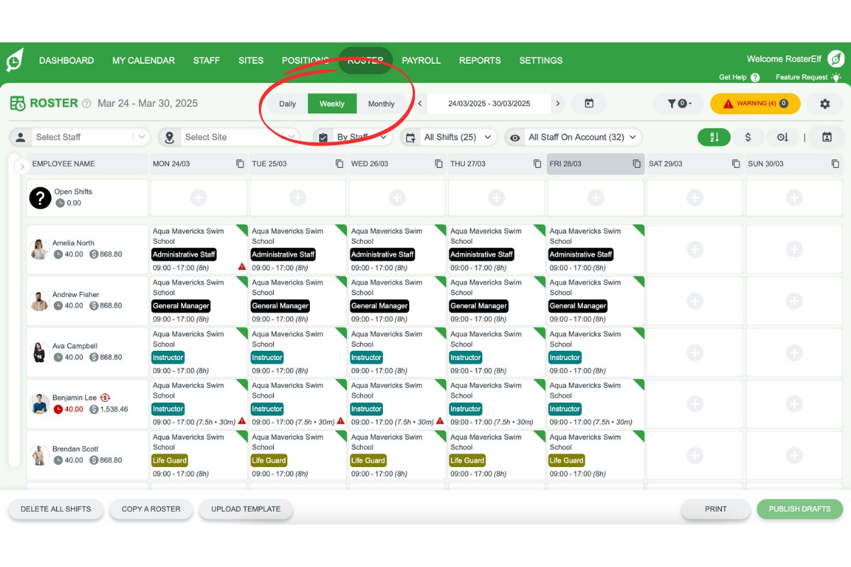 RosterElf roster view options