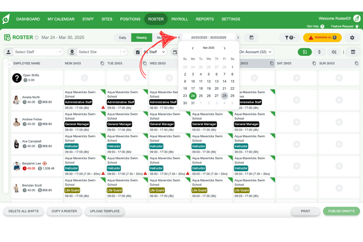 RosterElf date range selector
