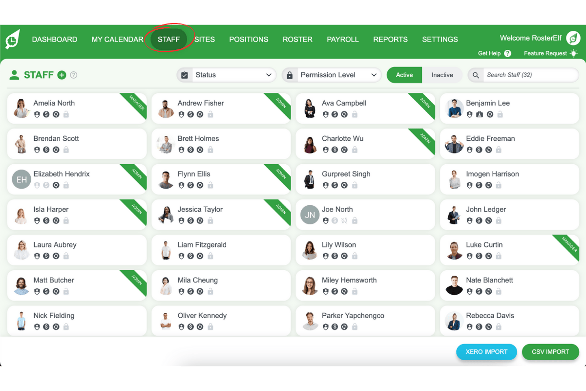 RosterElf Staff tab in the navigation menu