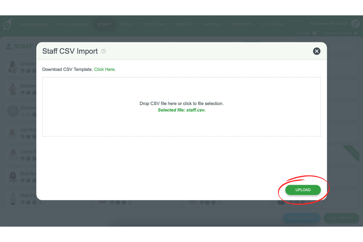 RosterElf CSV upload area