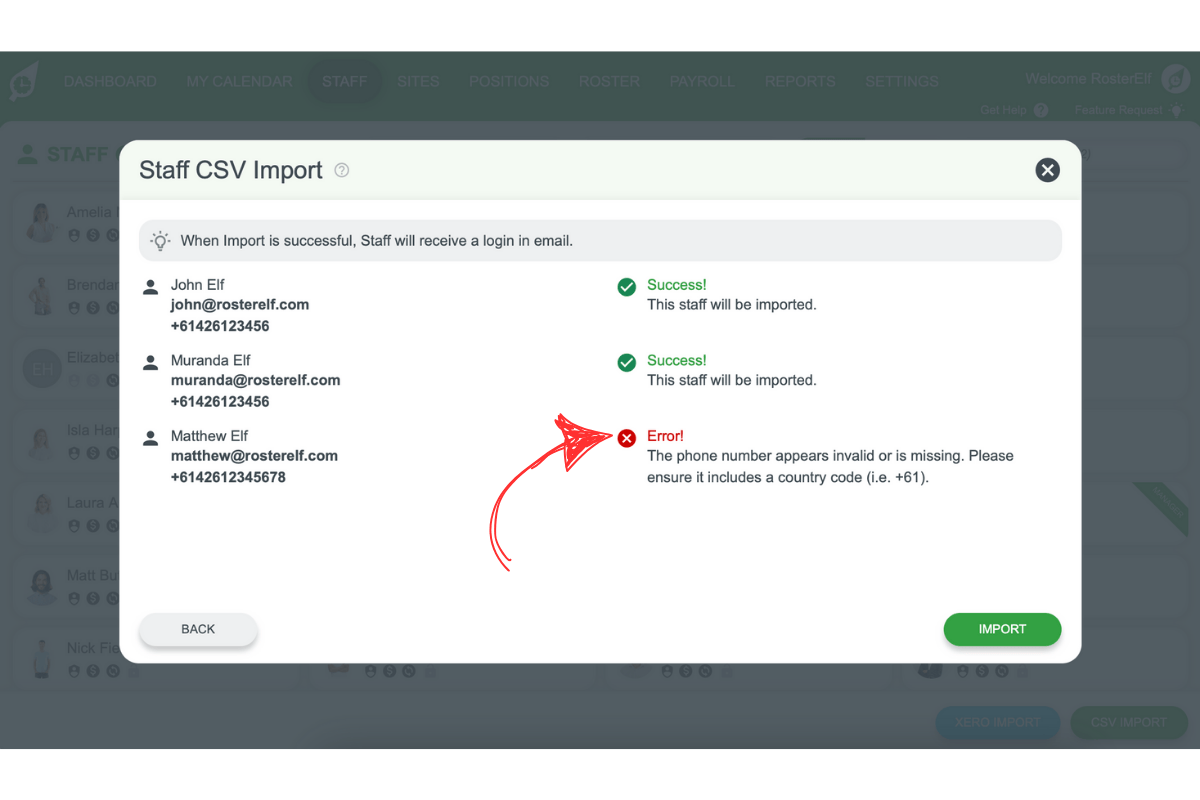 RosterElf CSV import error message