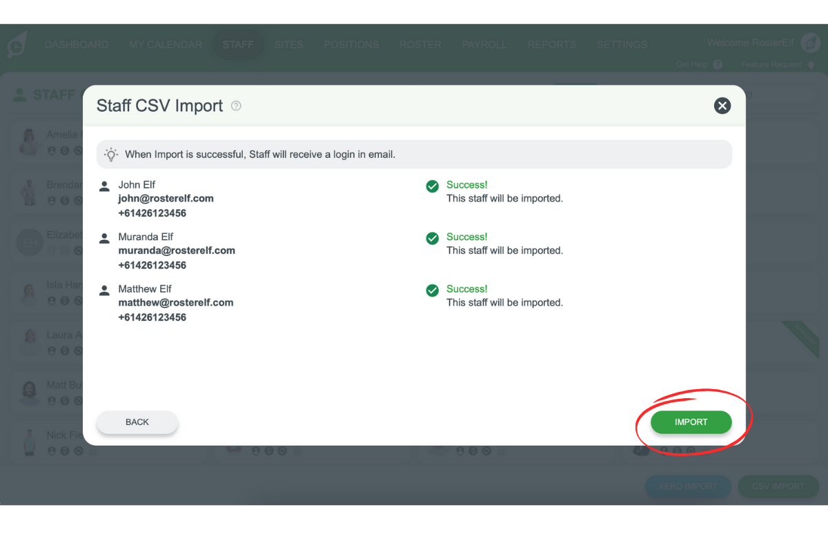 Confirming CSV import in RosterElf