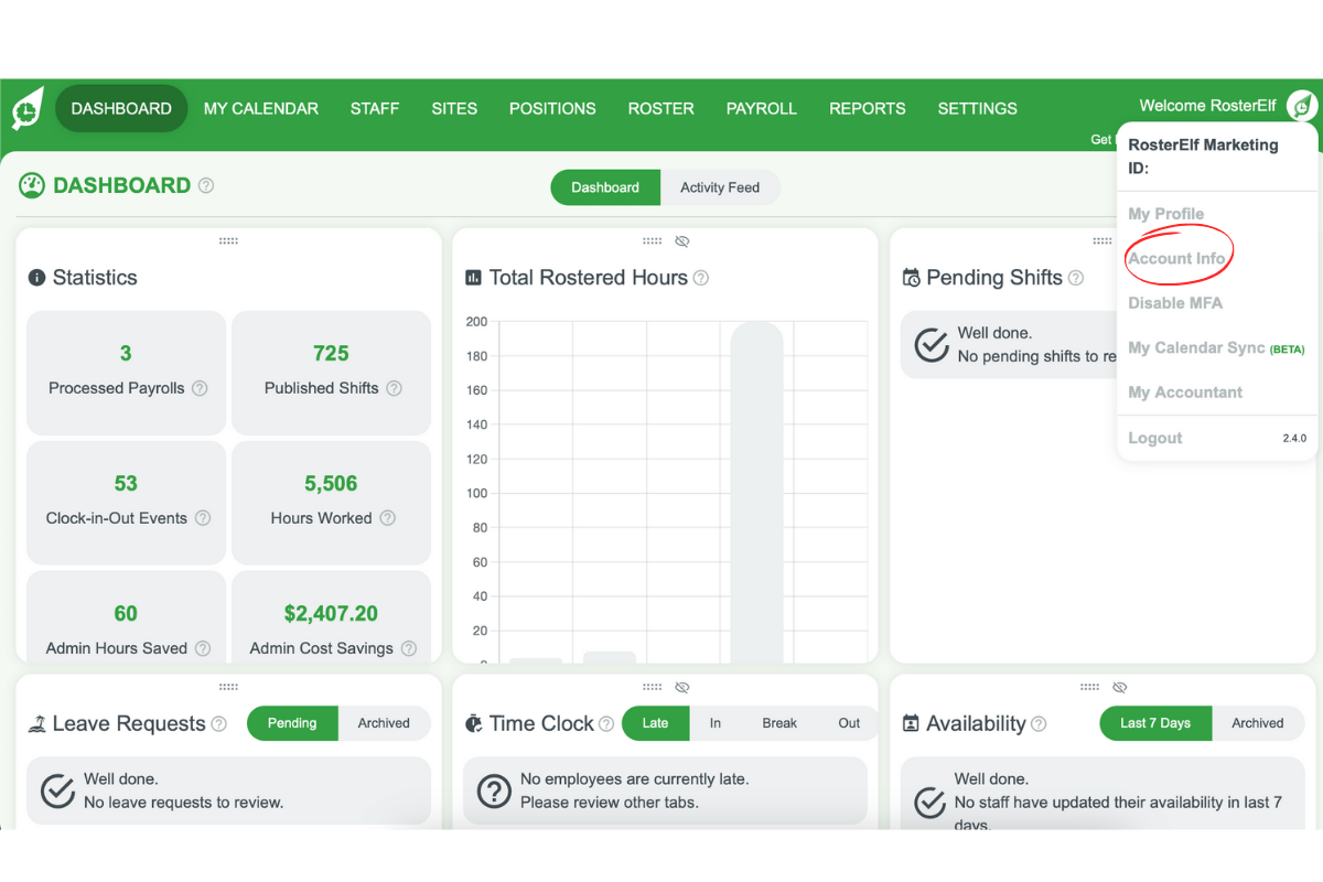 Dropdown menu with Account Info highlighted in RosterElf