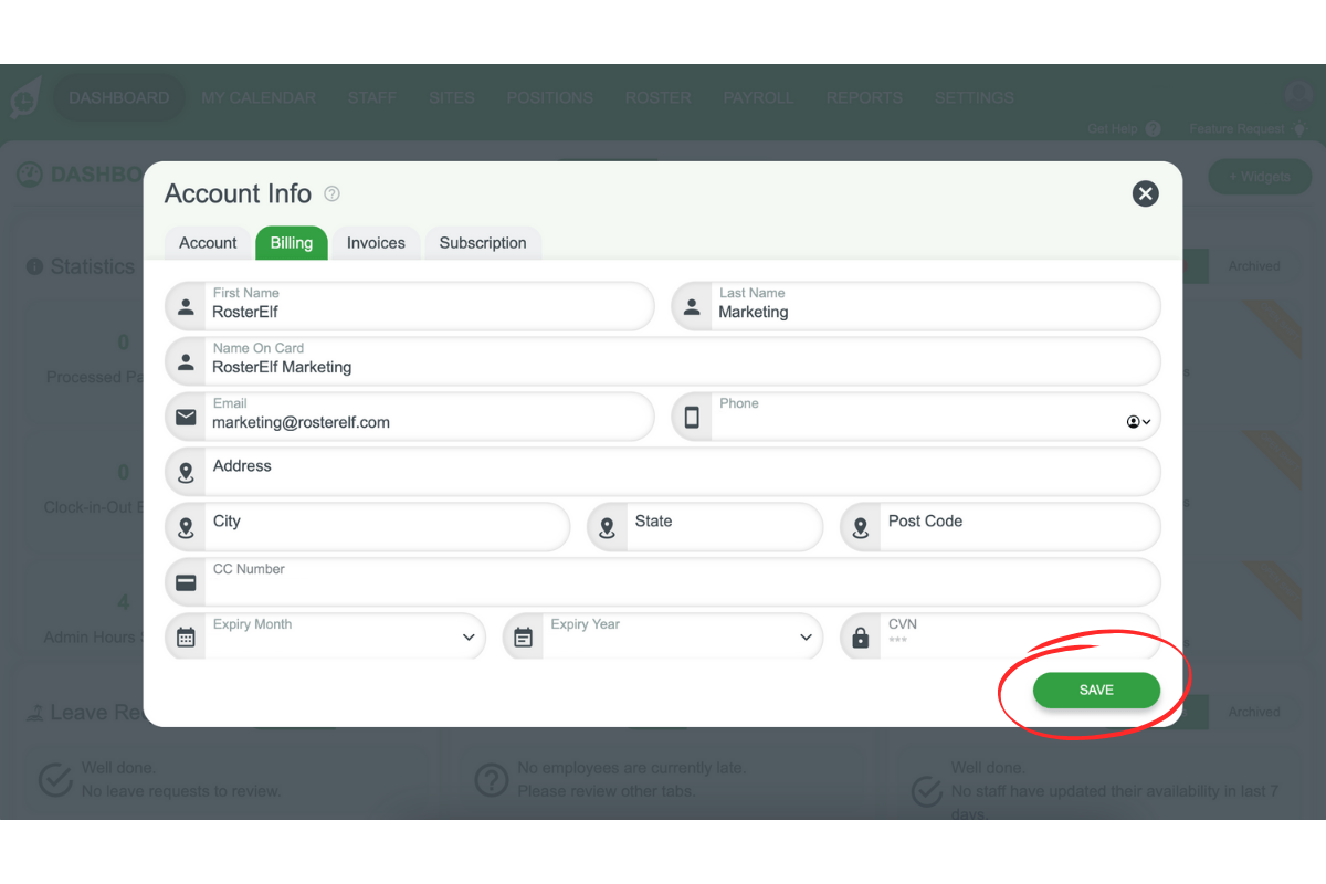 Billing tab in RosterElf displaying payment details