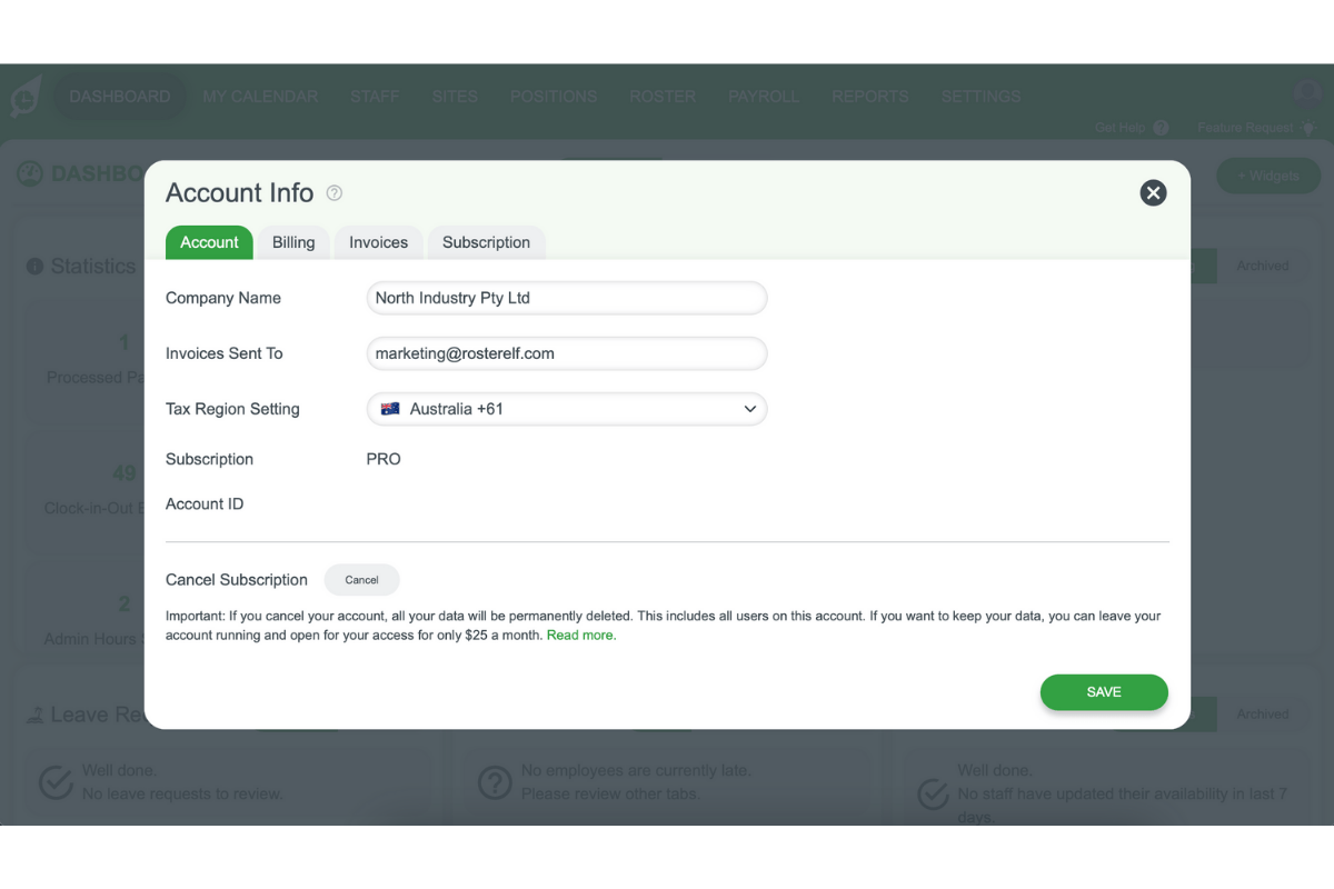 Account tab in RosterElf showing company name, invoice email, tax region, and subscription cancellation