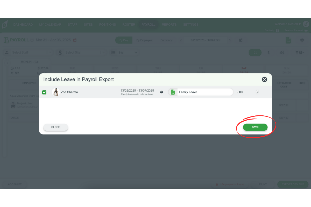 Screenshot demonstrating how to record leave type and hours in RosterElf