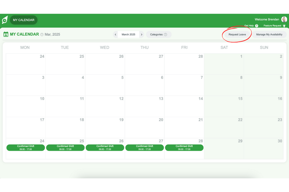 Request Leave button in RosterElf's My Calendar tab