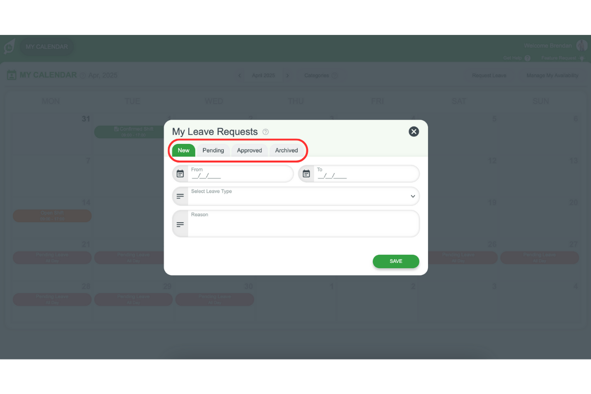 Request Leave modal in RosterElf showing Pending, Approved, and Archived tabs