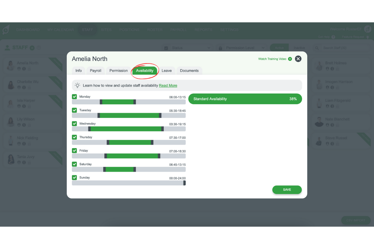 Staff profile page in RosterElf, highlighting the Availability tab