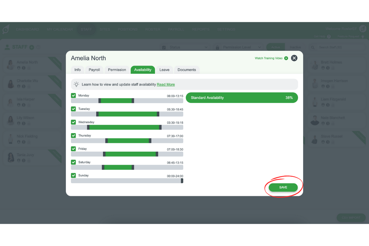 Button in RosterElf to save updated availability hours